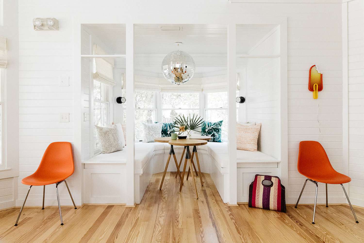 disco ball light fixture in kitchen nook