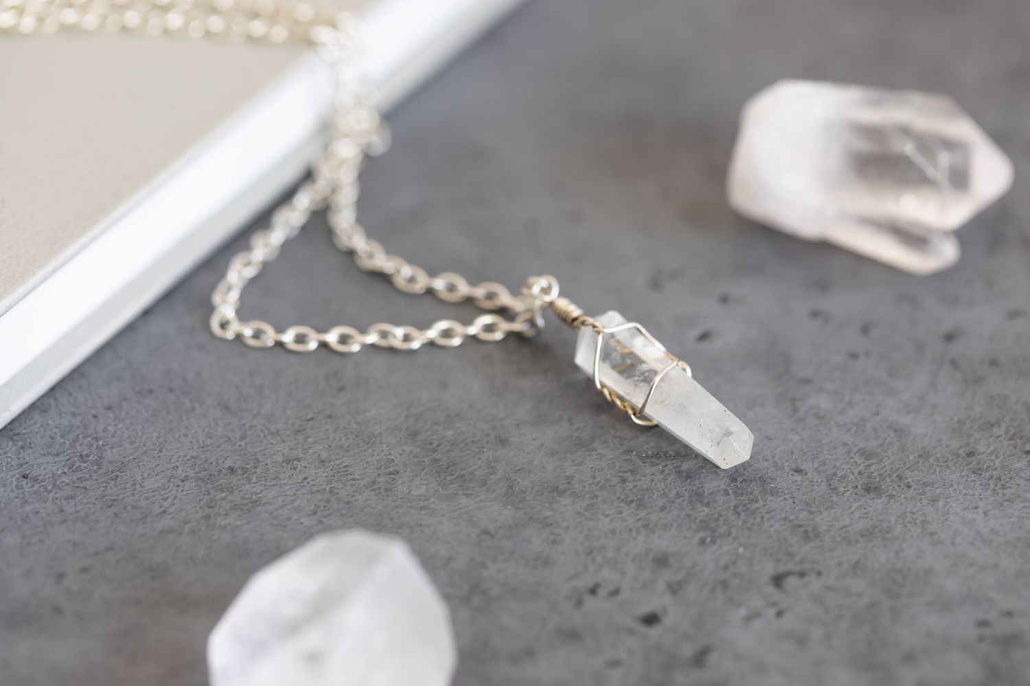 clear quartz crystals and jewelry