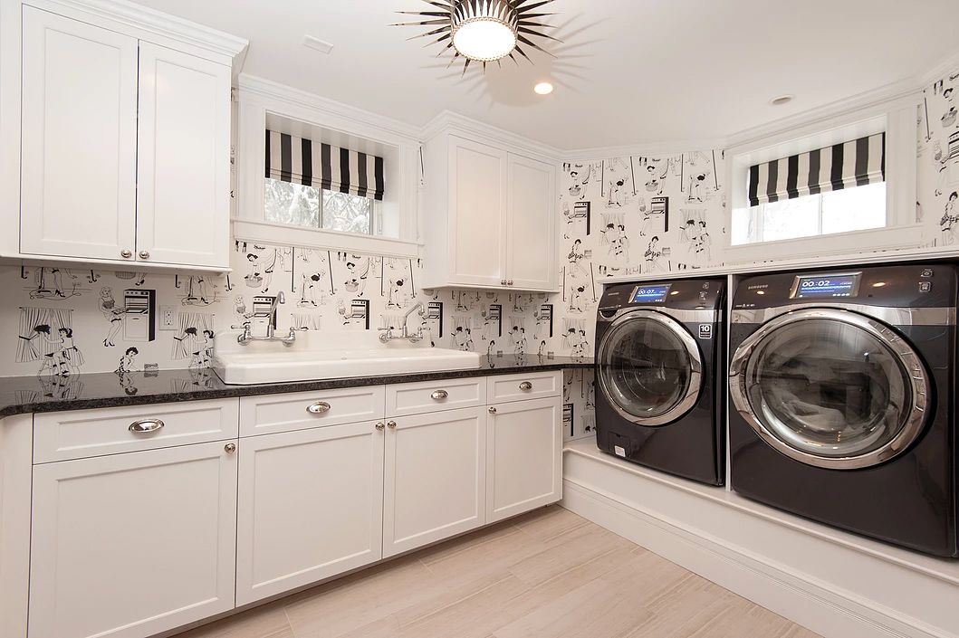 black and white retro laundry room