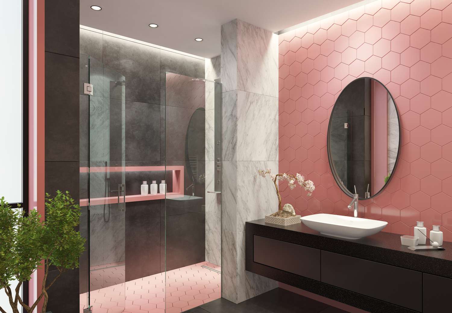 Salle de bain noire et rose