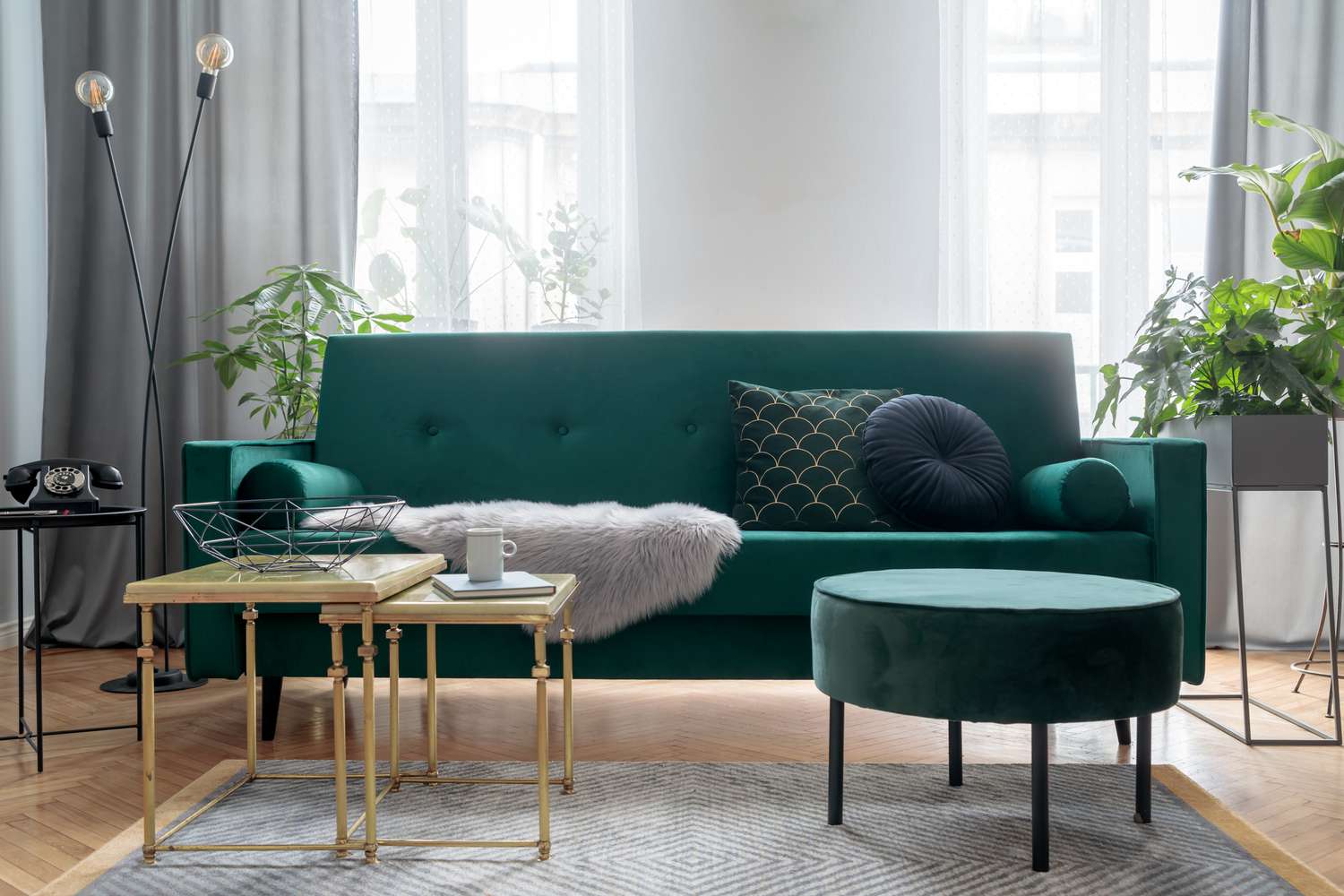 grünes Sofa im Wohnzimmer mit einem Teppich