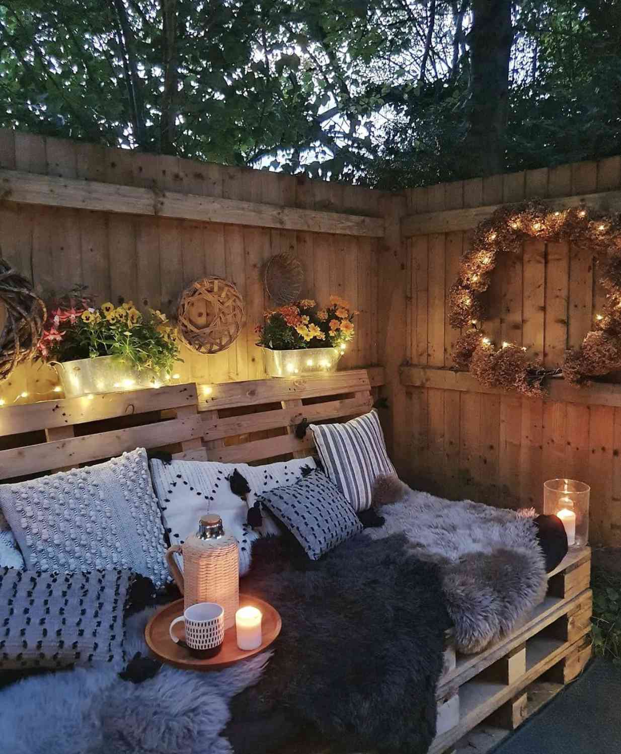 wood palettes creating cozy seating