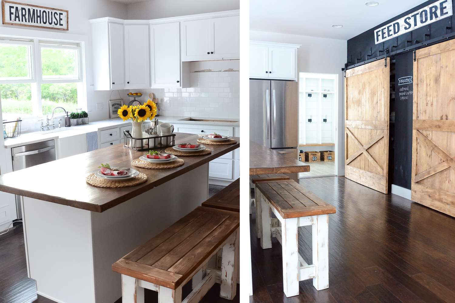 Küche mit DIY-Scheunentoren und Holzbänken