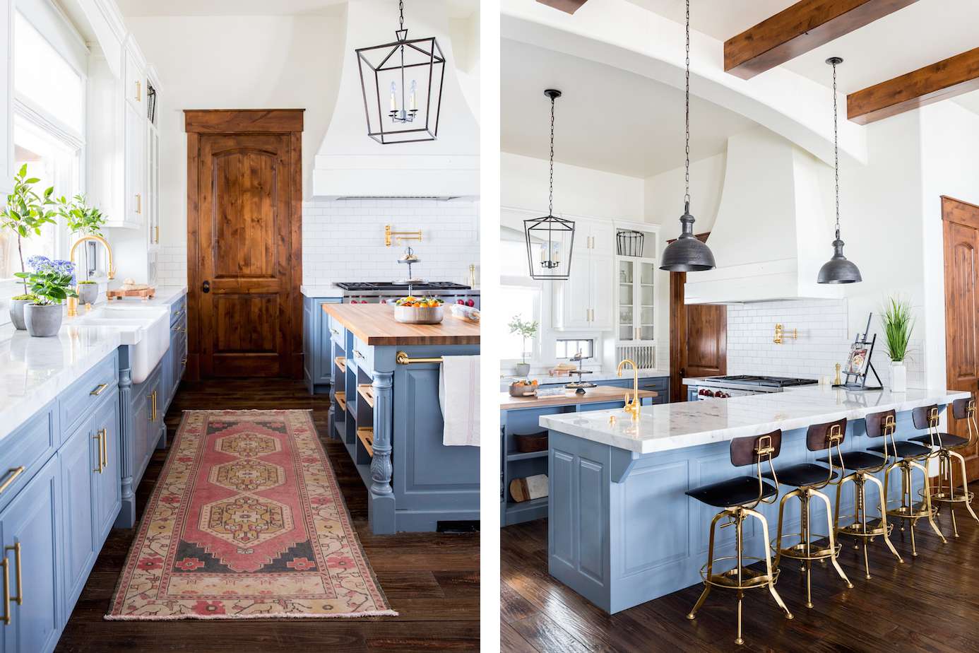 A farmhouse-style kitchen with dusty blue cabinets