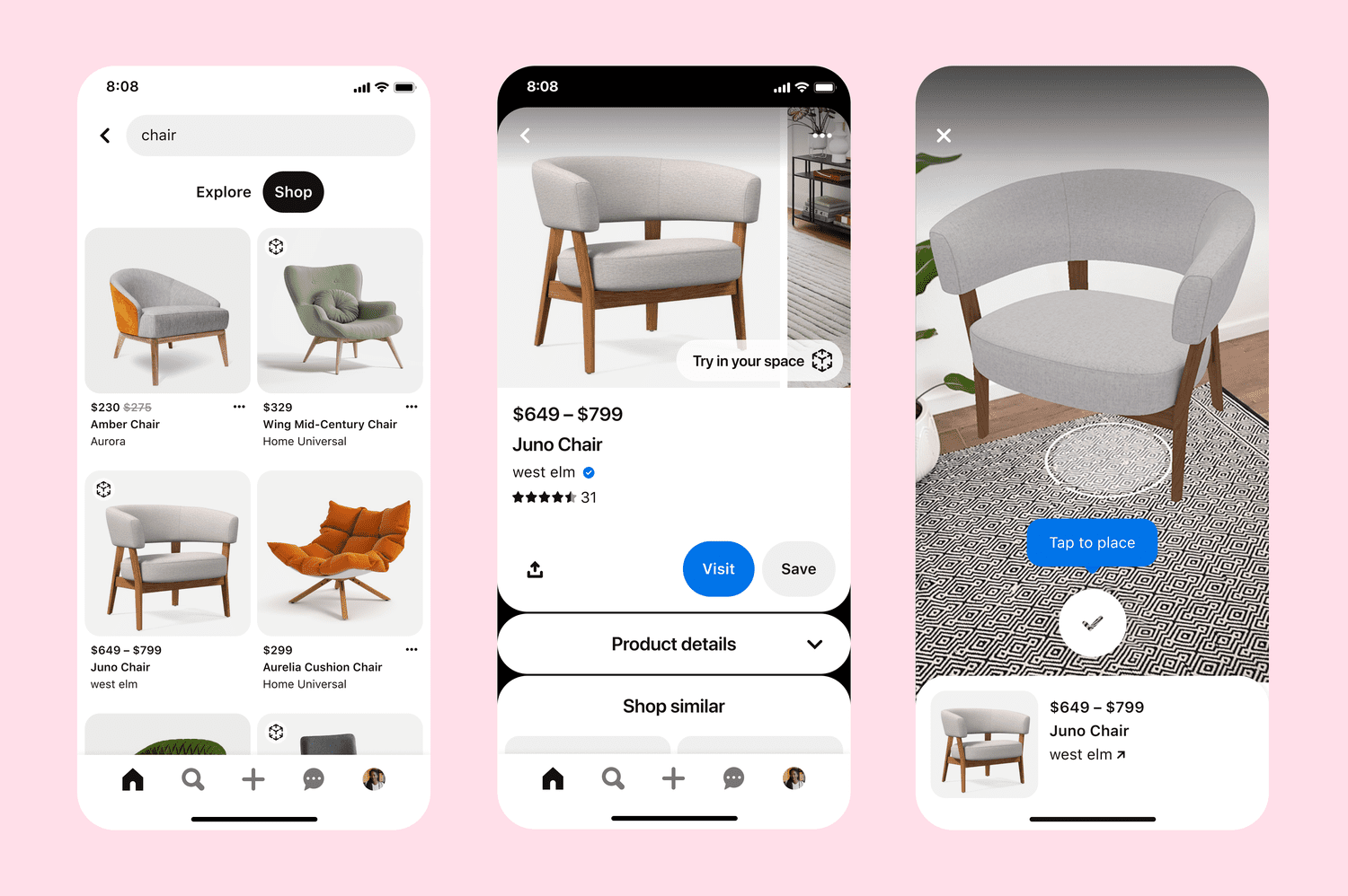 Uma prévia do novo recurso de AR do Pinterest, Try On for Home Decor