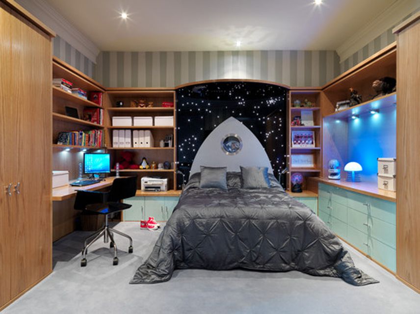 Space-themed kid's room with built-ins