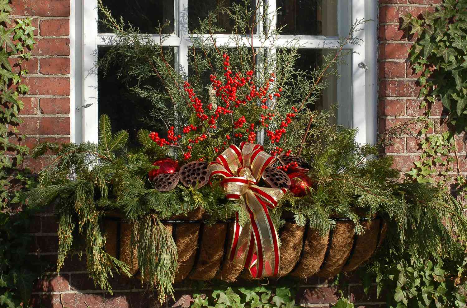 Weihnachtlich geschmückter Blumenkasten mit Schleife, Ornamenten, Winterbeeren und Lotusschoten.