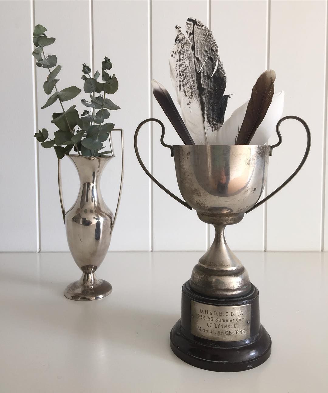 Deux trophées vintage en argent avec plumes et plantes séchées
