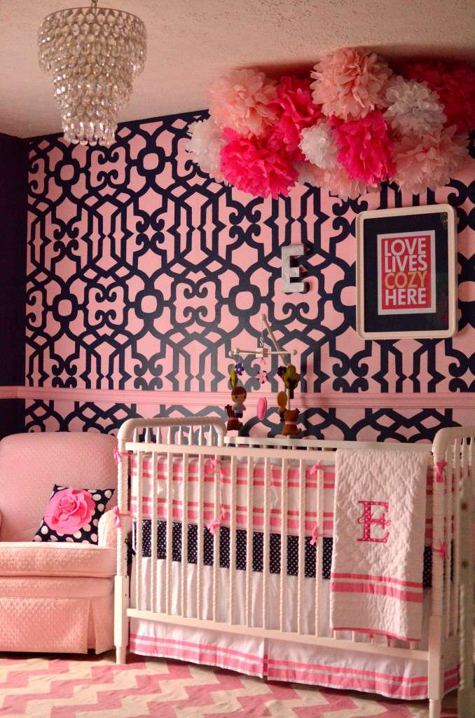 Pink nursery with navy accents