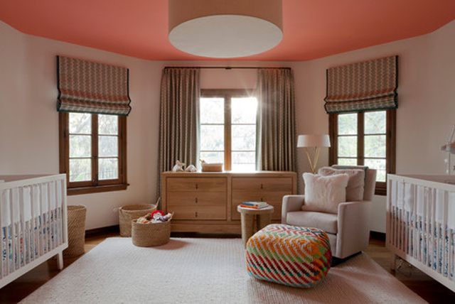 Neutral twin nursery with painted ceiling