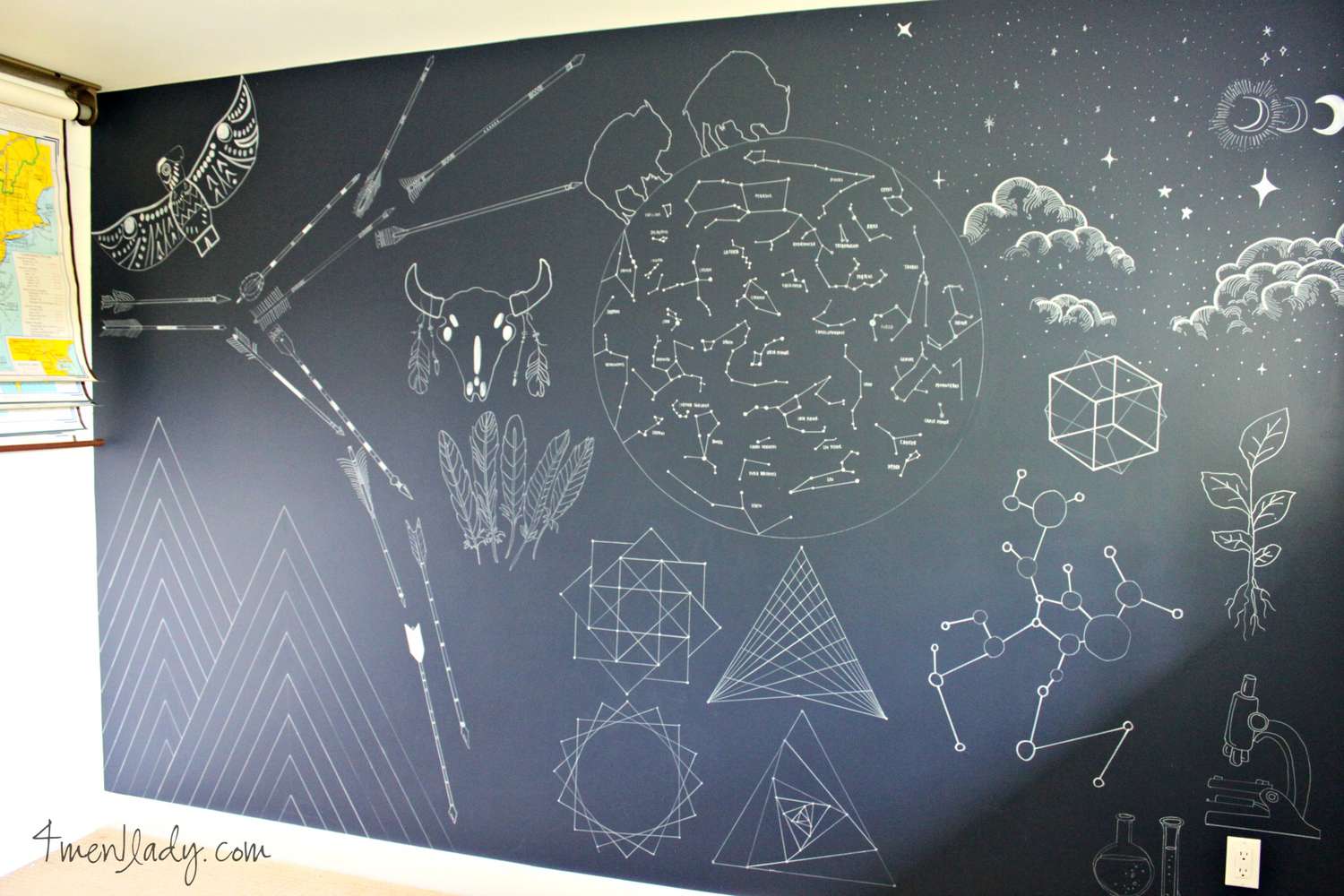 Sharpie art wall for kids room with designs in white