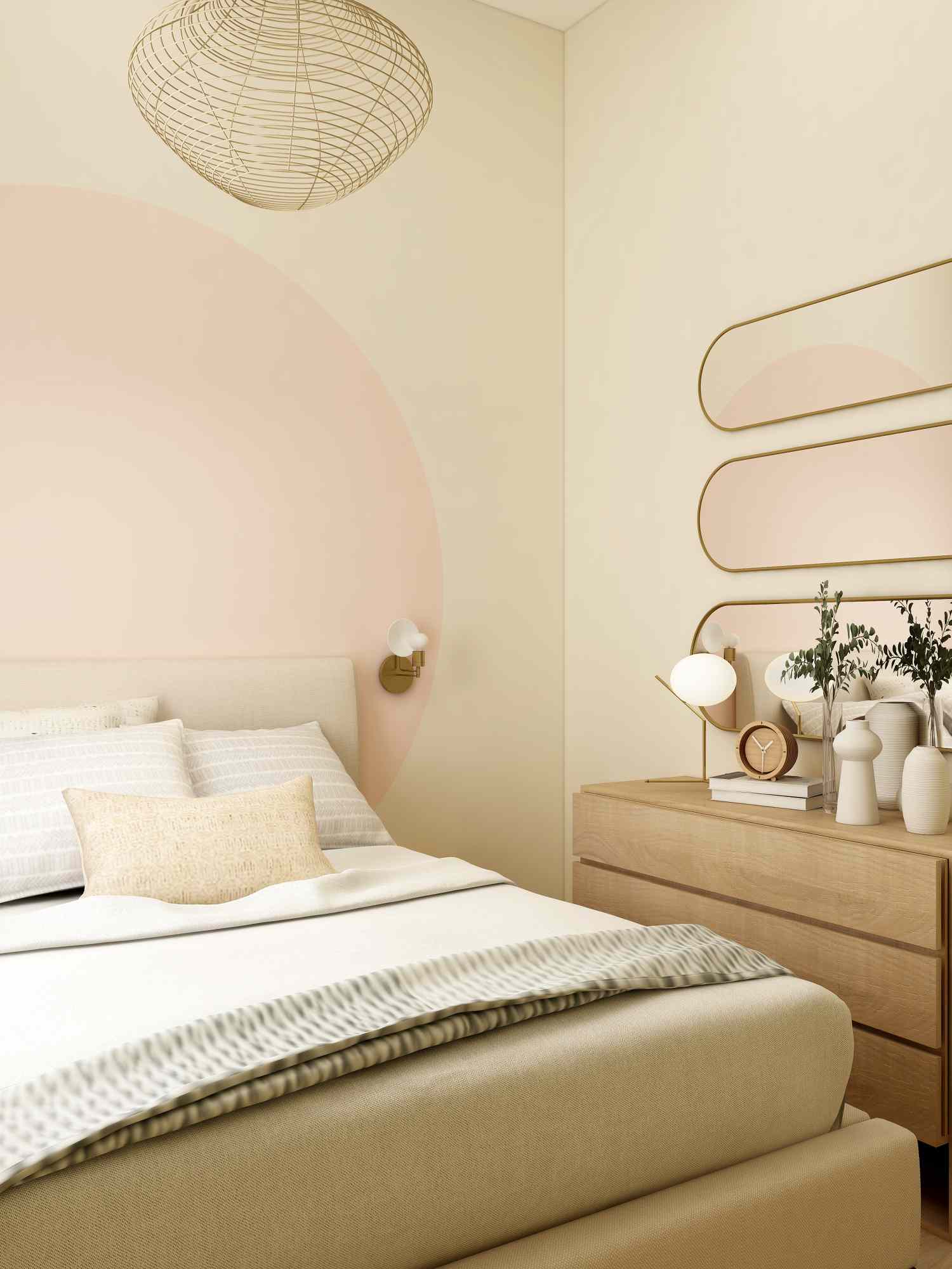 neutrales cremefarbenes und rosa Schlafzimmer