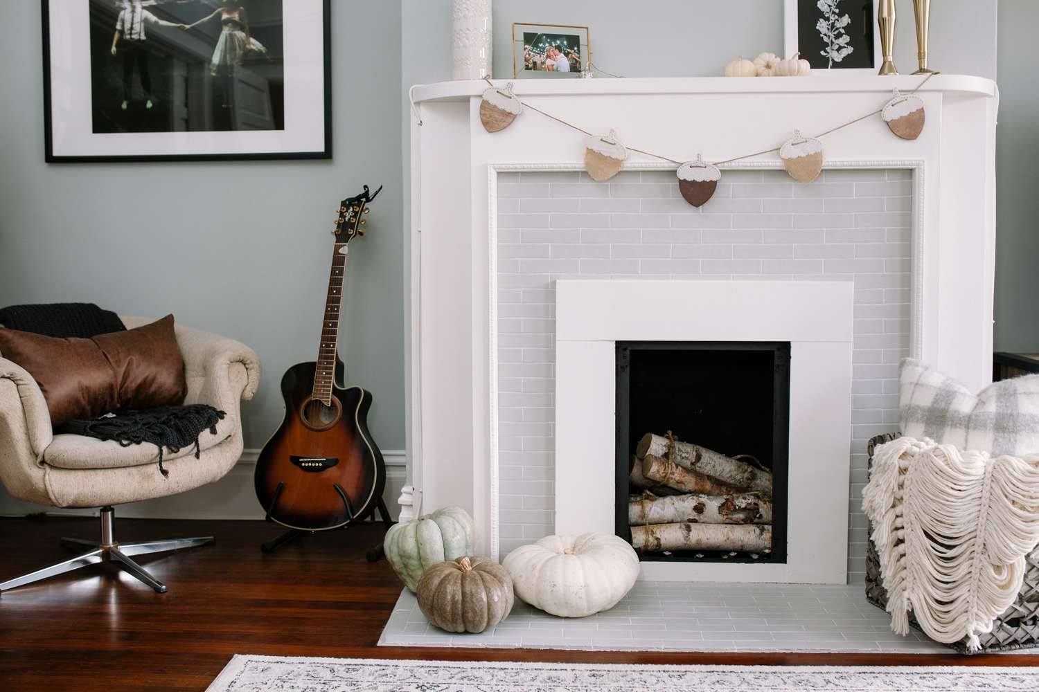 soft gray subway tile fireplace