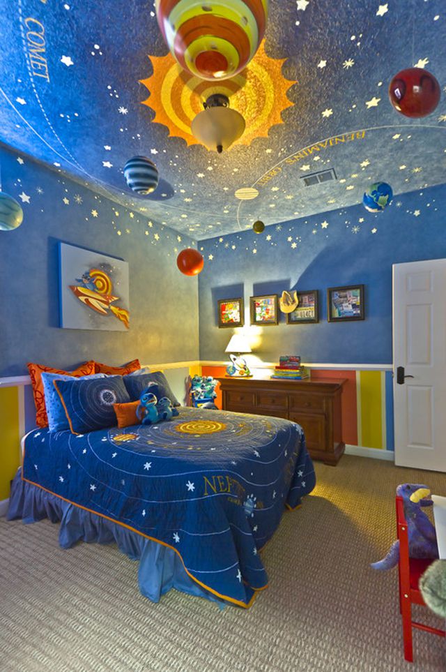 Space-themed kid's room with elaborate ceiling mural