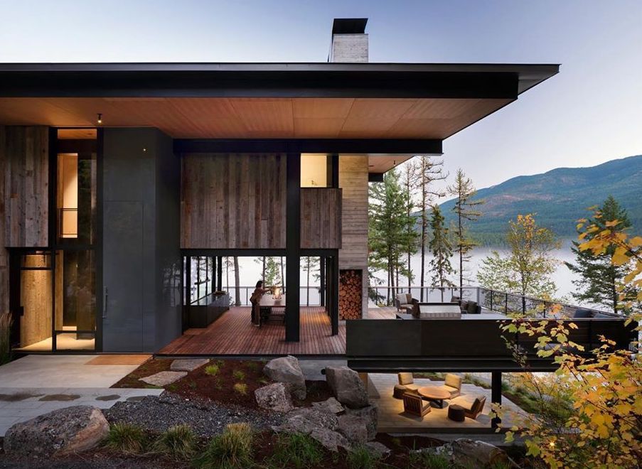 Modern house set next to water