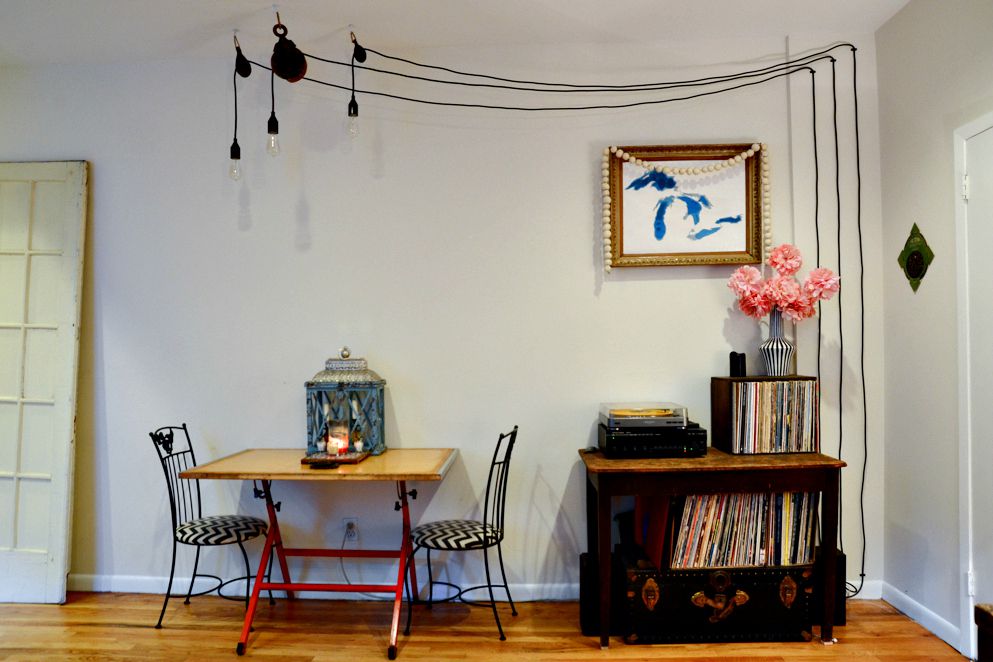 DIY barn pulley hanging lights in the eat-in kitchen