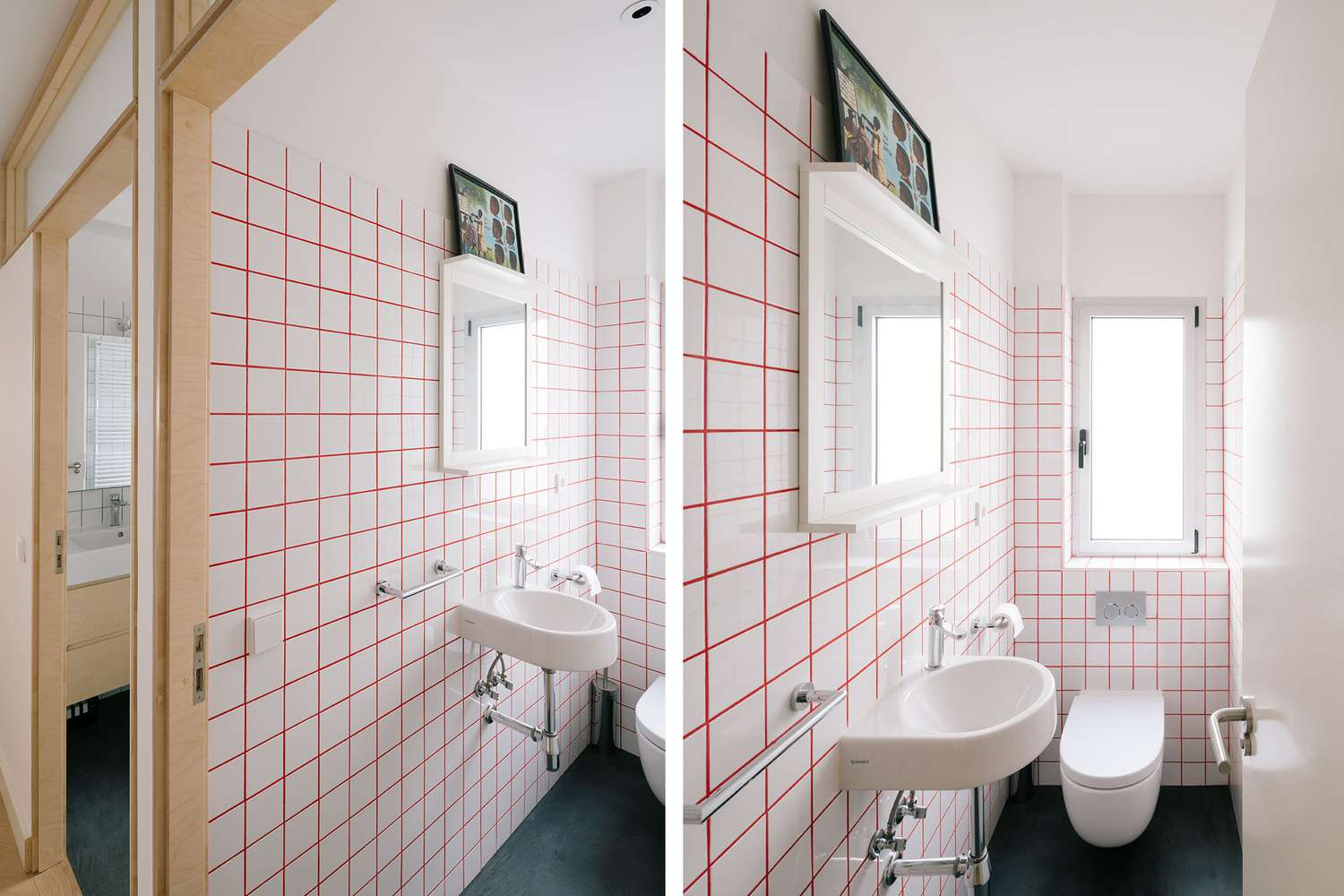 Banheiro branco simples com rejunte rosa e azulejos brancos na parede