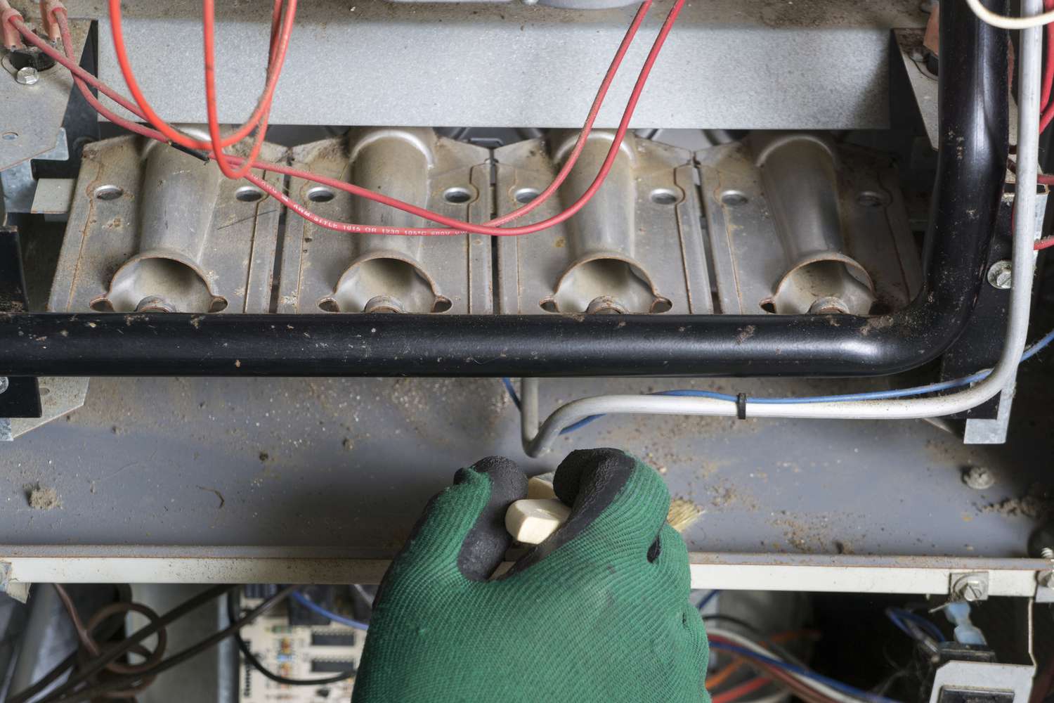 Técnico de limpeza de uma fornalha a gás natural