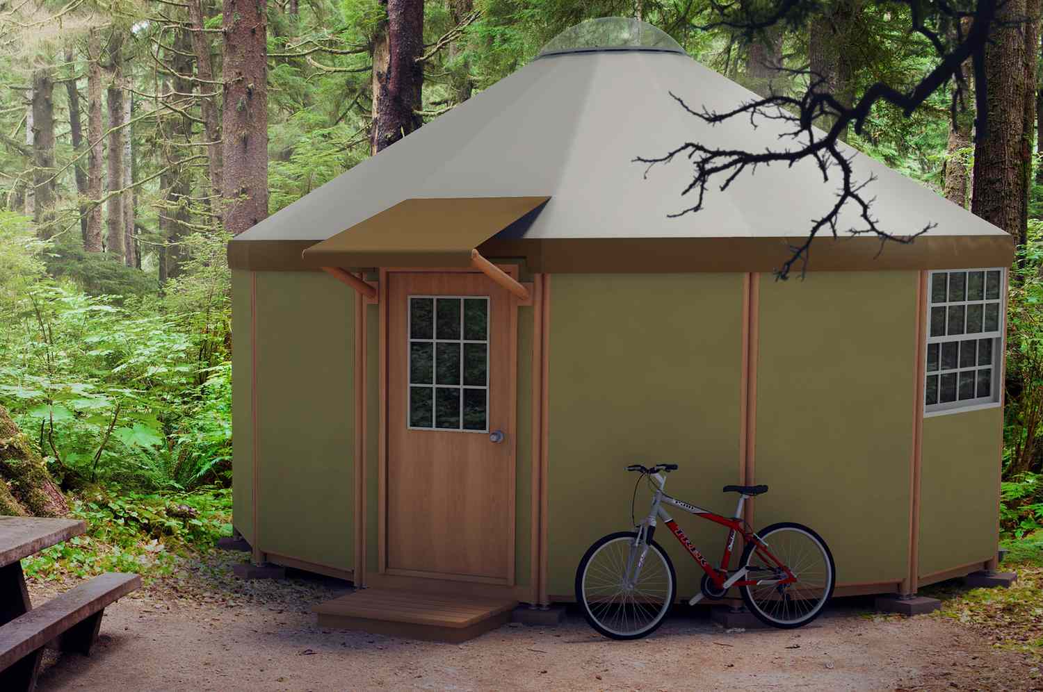 A bike sitting next to a Freedom Yurt Cabin