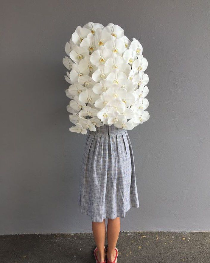 Persona envuelta en flores blancas de cintura para arriba