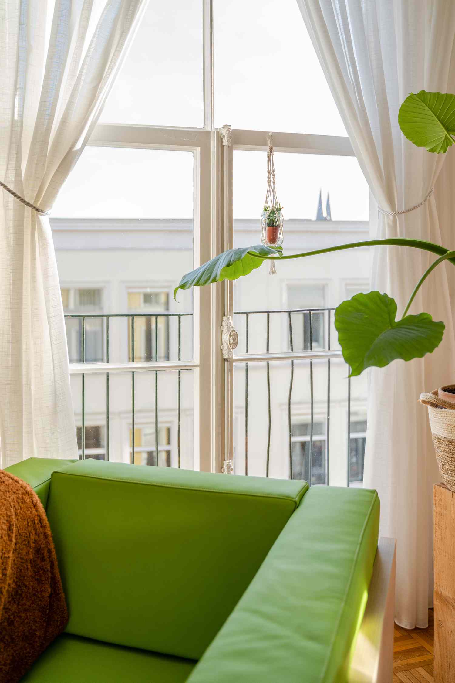 fauteuil vert et plante verte près d'une fenêtre avec rideaux blancs