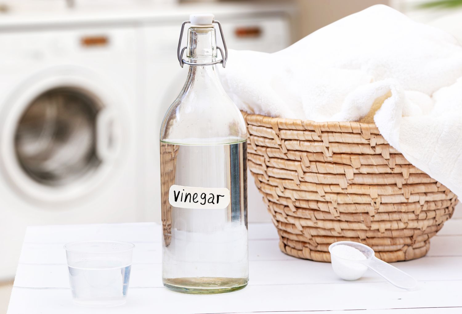 Weißer destillierter Essig in einer Flasche neben einem Wäschekorb
