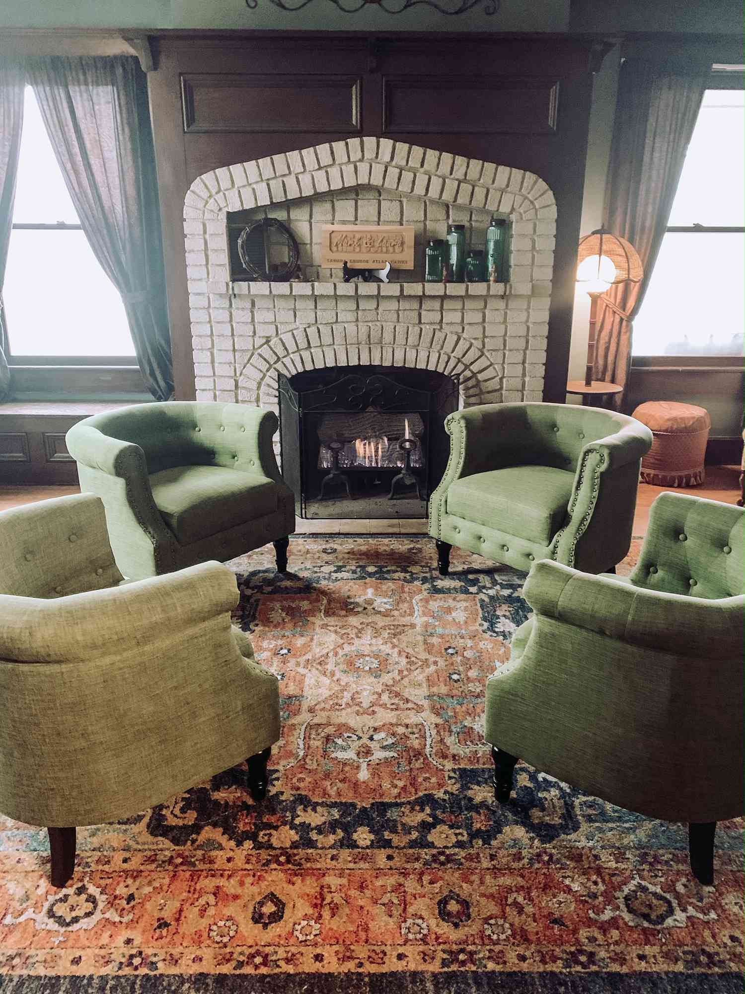 1890 American foursquare lounge with fireplace