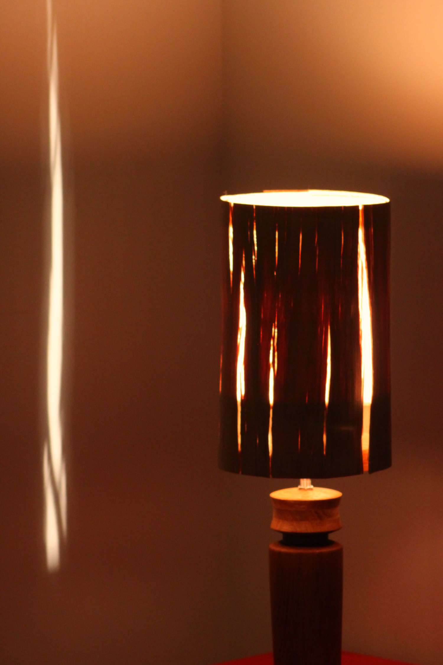 DIY table lamp upcycled from pepper grinder and salvaged wood veneer.