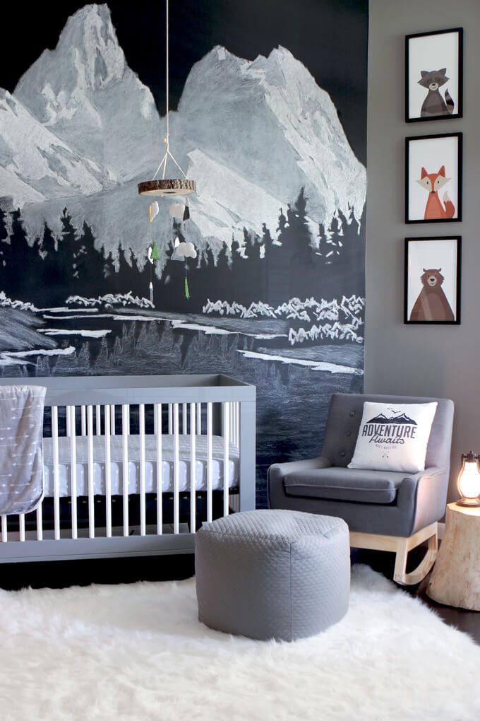 Woodland nursery with chalkboard wall mountain mural