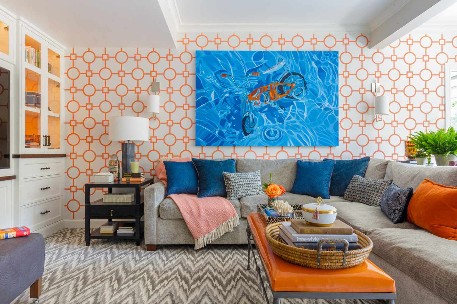 orange blau und graues Wohnzimmer