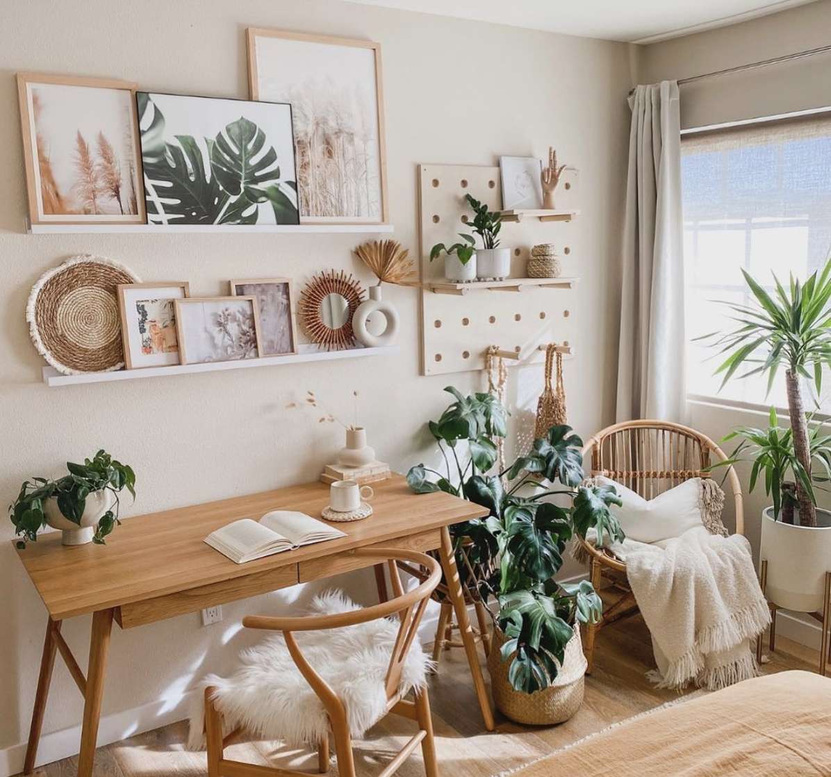 floating shelves with desk and pegboard in corner