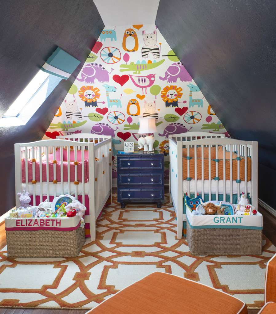 Colorful twin nursery with dark walls and bright accents