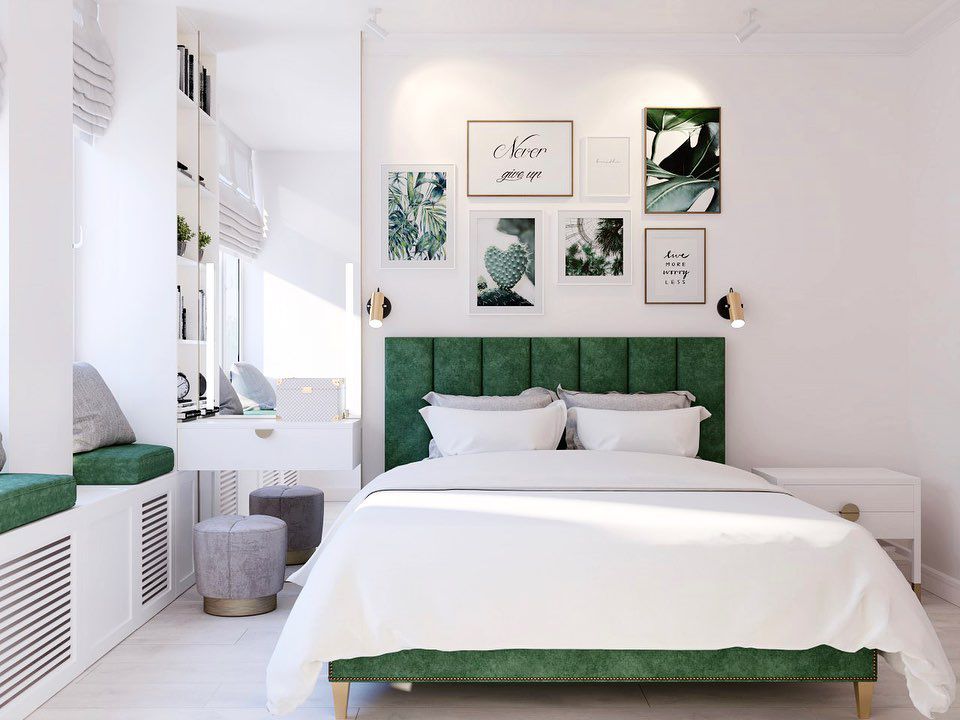 Chambre à coucher avec lit en velours vert