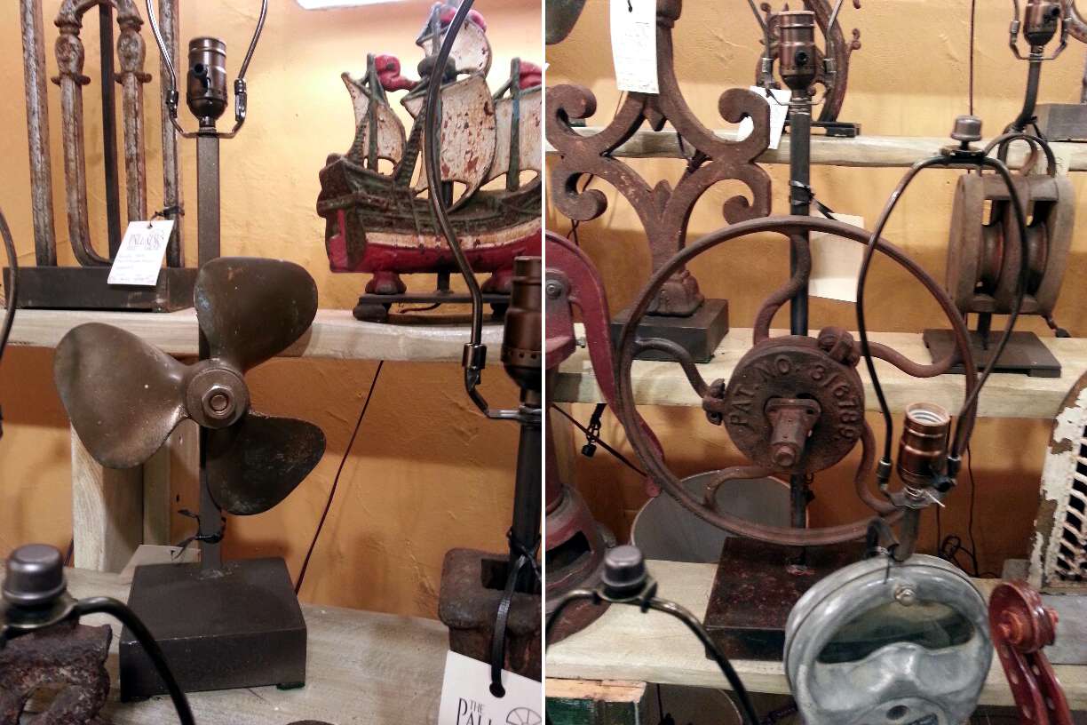 Lamps made from old crank wheel and fan blades