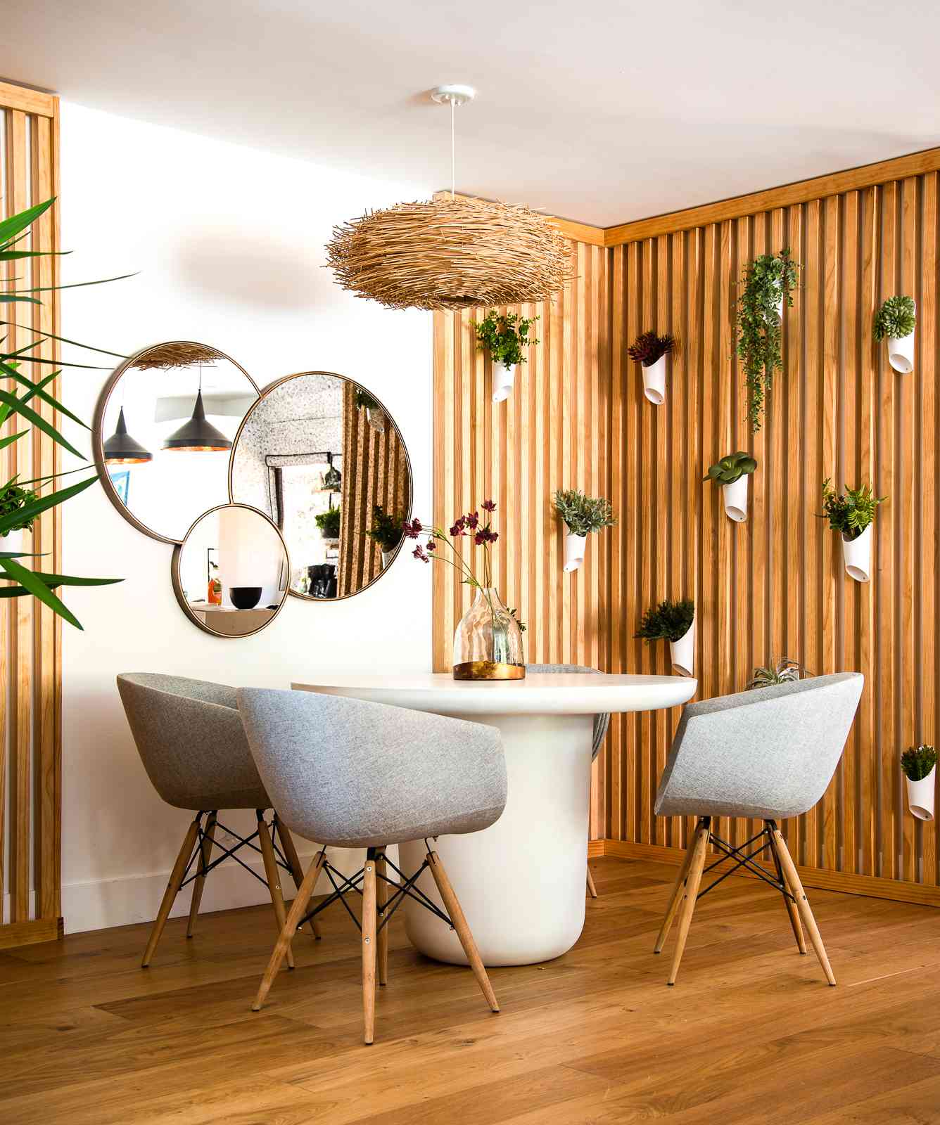 Coin repas avec plantes suspendues et boiseries