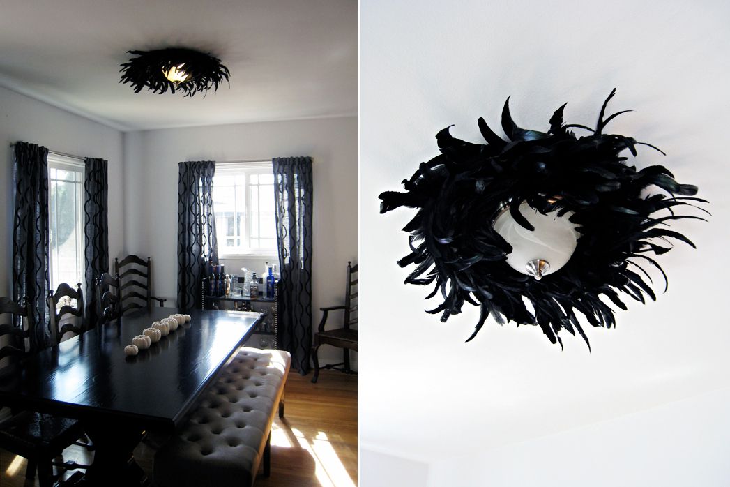 A plain ceiling light gets a glamorous feathered makeover.