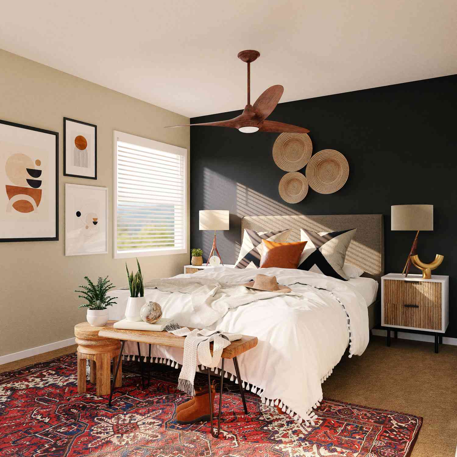 red rug with black wall in a bedroom