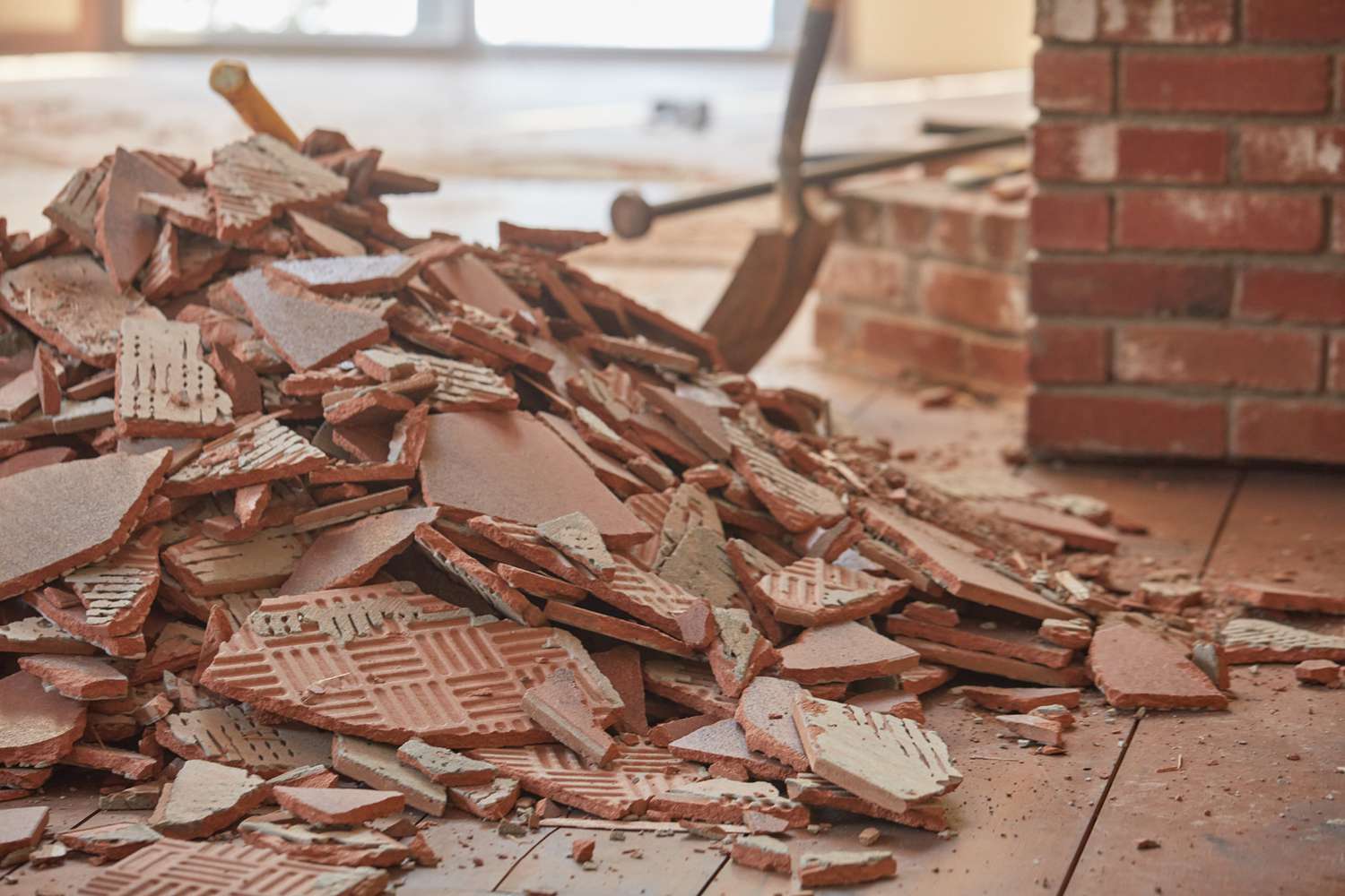 Pile de carreaux de céramique bruns cassés à côté d'une cheminée en briques à nettoyer