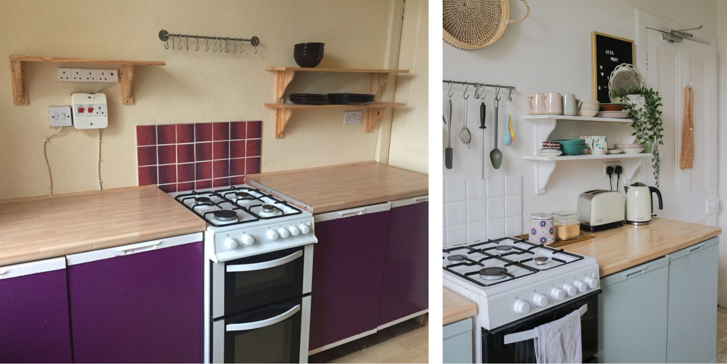 armarios de cocina y paredes antes (izquierda) y después de pintar