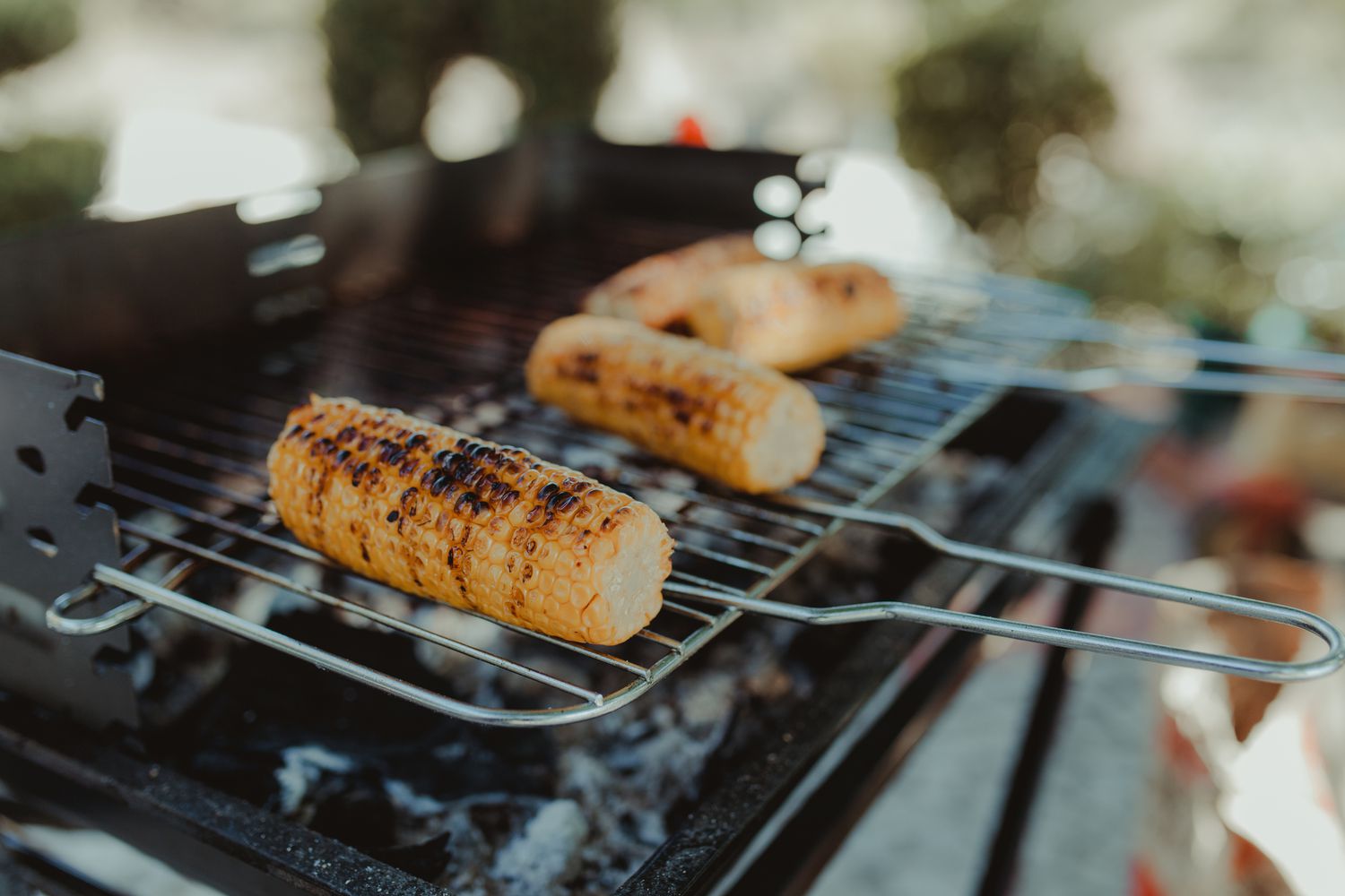 Corn on the cob cooking on an outdoor grill