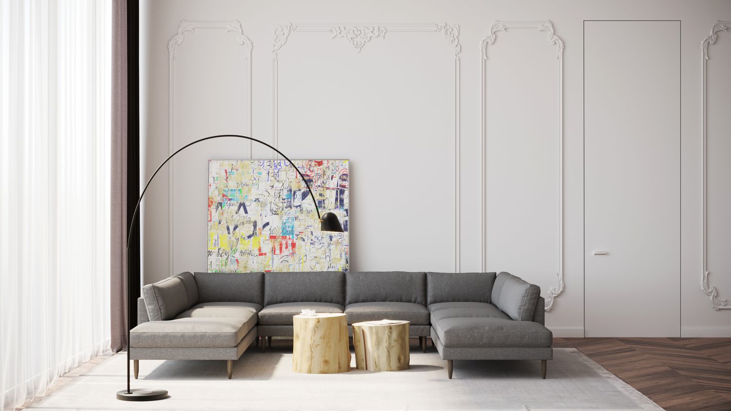 sofá seccional gris en salón con paredes altas y blancas con textura