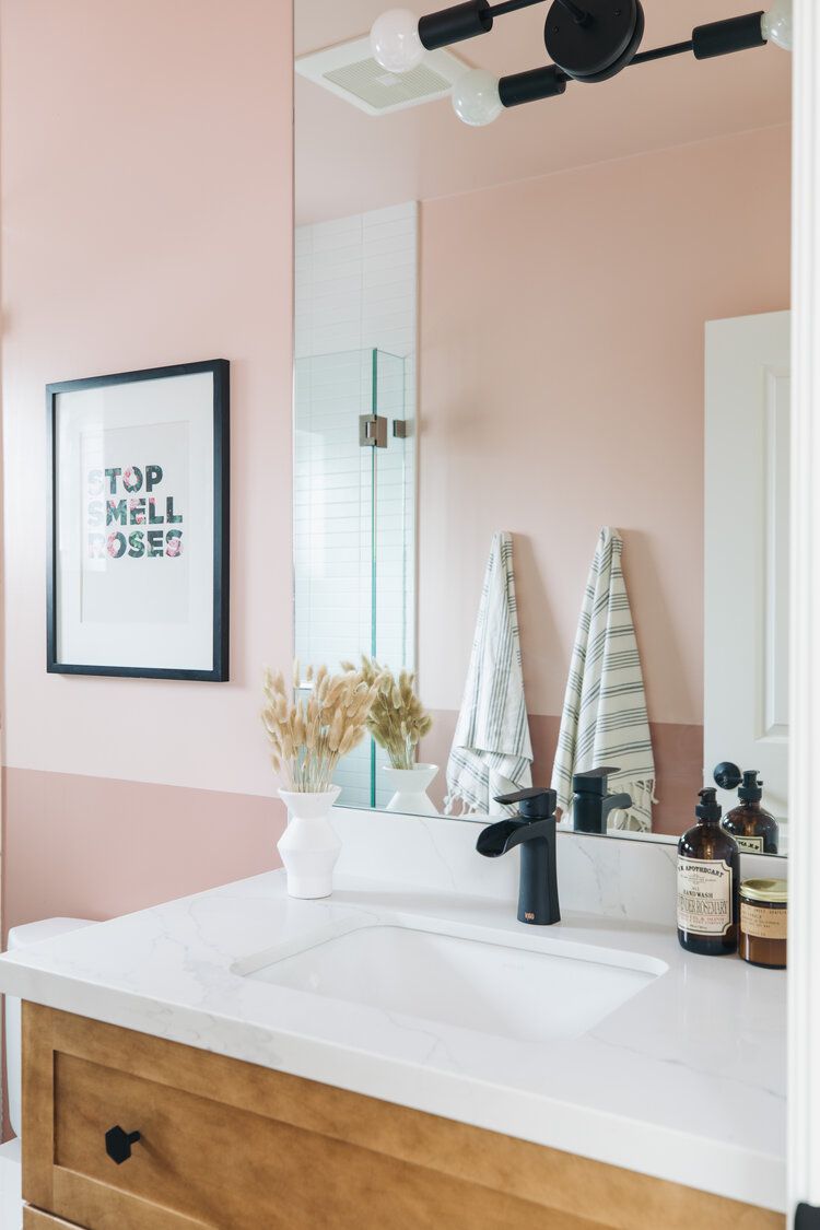 two-tone pink bathroom accent wall