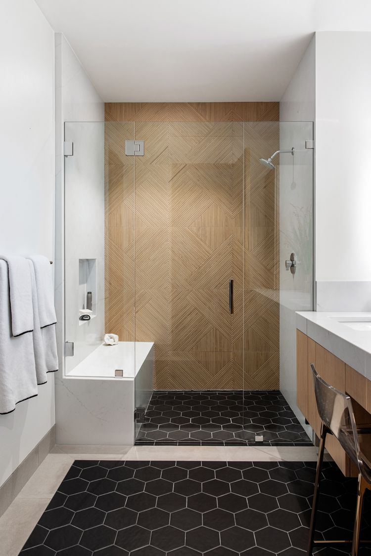 wood tile bathroom accent wall 