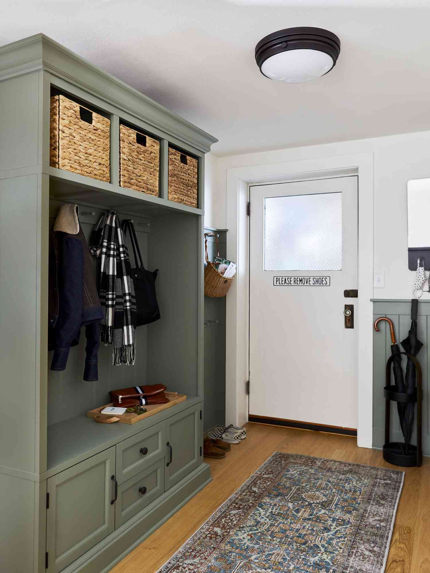 Storage cubes in mudroom built-ins