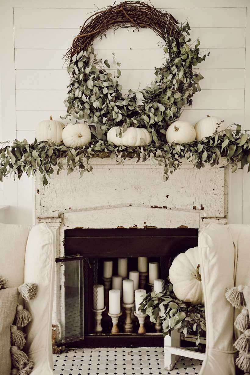 diy neutral fall wreath mantel