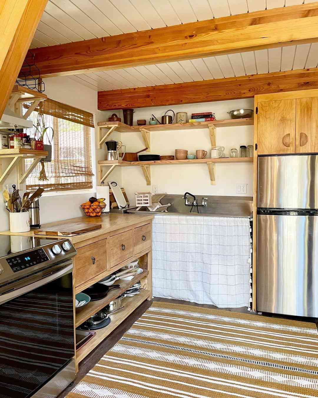 cabin kitchen with open shelving