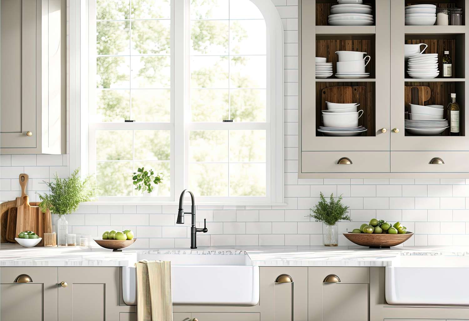 Wunderschöne luftige Küche mit Spülbecken und zwei Fenstern