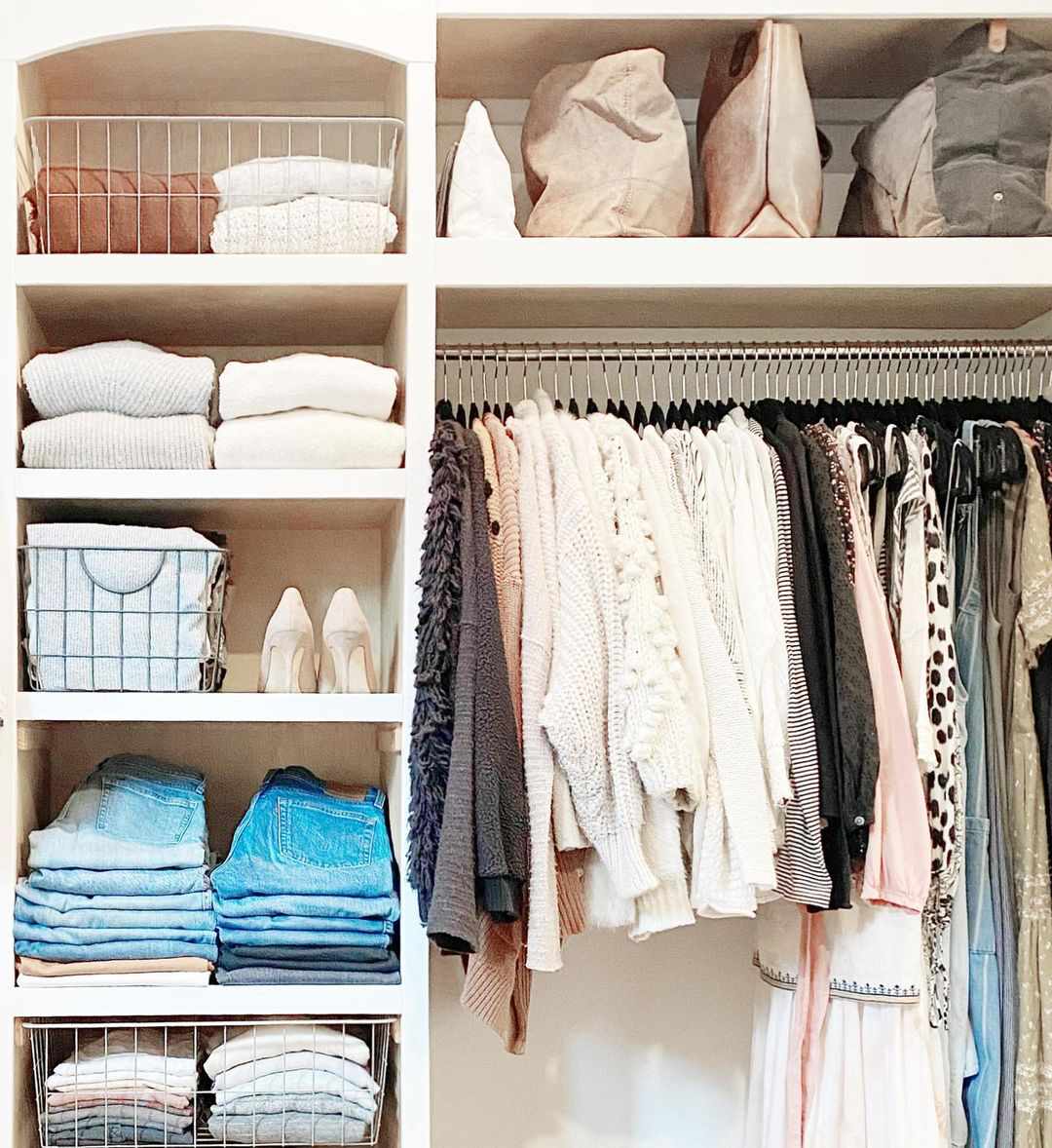 A closet with wire baskets