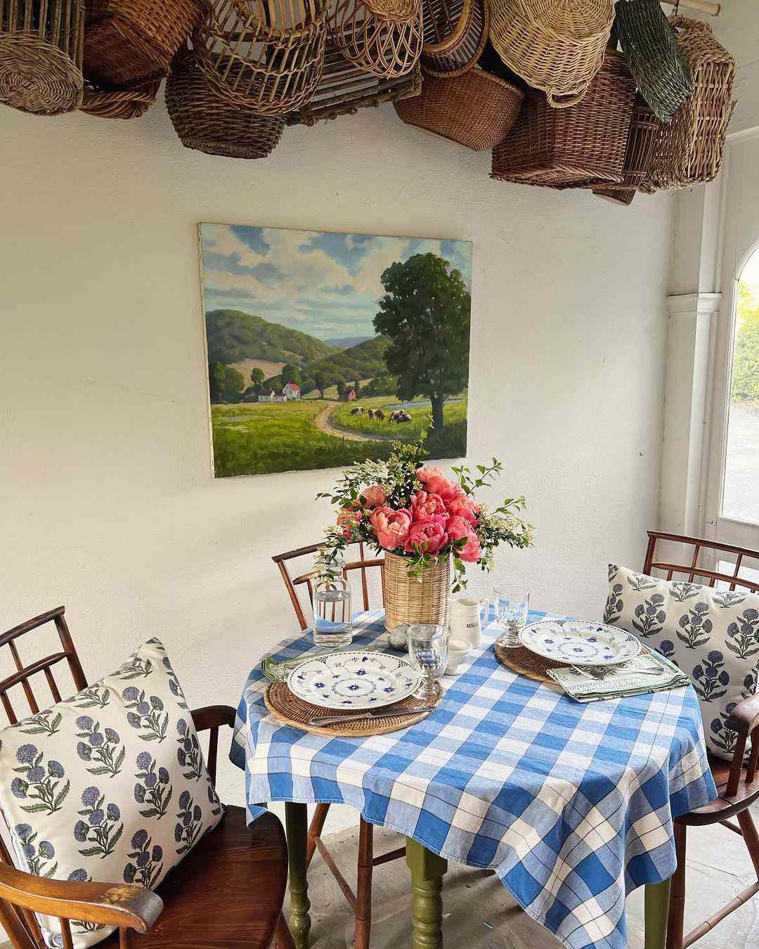 hanging baskets above table