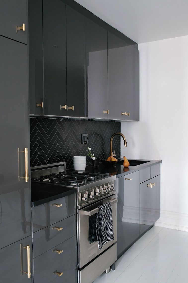 dark gray glossy kitchen cabinets